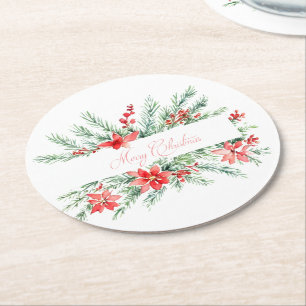 Vattenfärg julstjärna och grönska jul underlägg papper rund