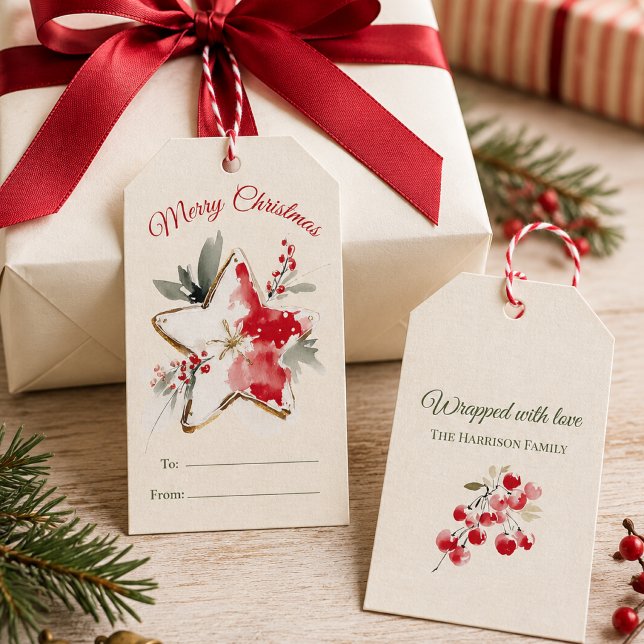 Vattenfärg julstjärna presenttaggar presentetikett (Skapare uppladdad)