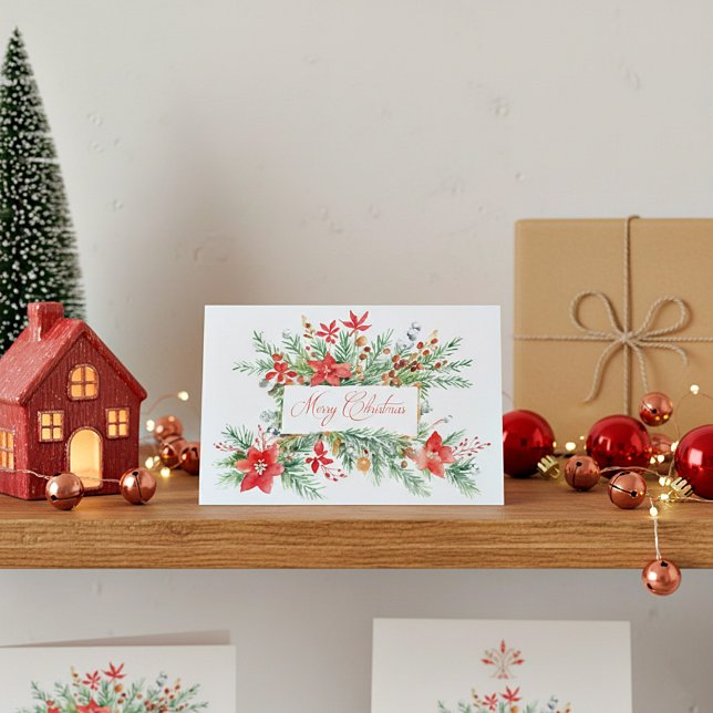 Vattenfärg julstjärnor och grönska  helgkort (Skapare uppladdad)