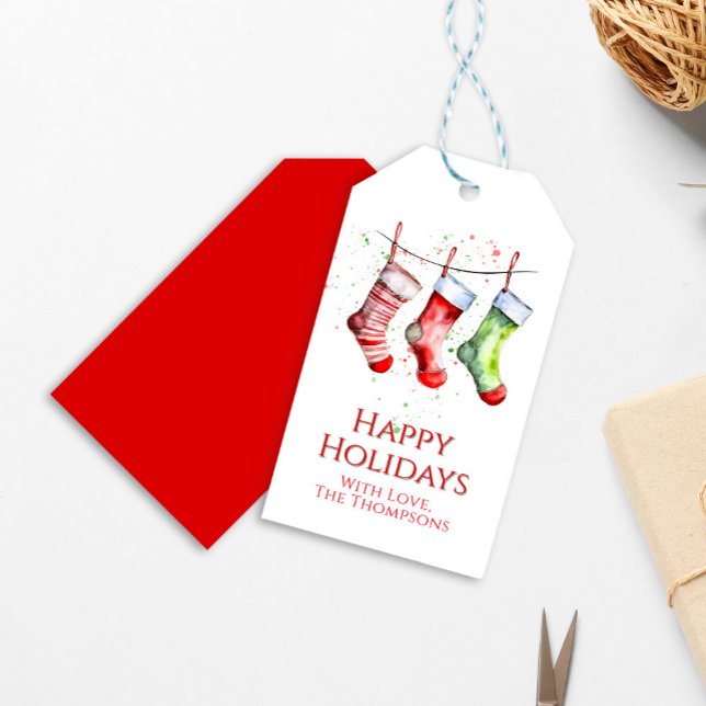 Vattenfärg julstrumpa God Jul Presentetikett (Watercolor Christmas Stockings Custom Happy Holidays Gift Tag)