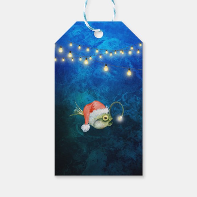 Vattenfärg Jultomten Angler Fish Presentetikett (Framsidan)