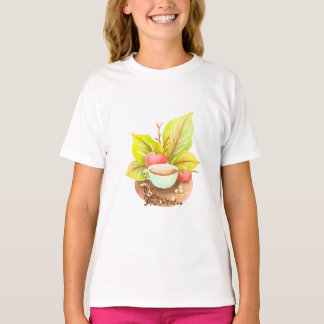 Vattenfärg kaffekopp med blad och bönor konst t shirt
