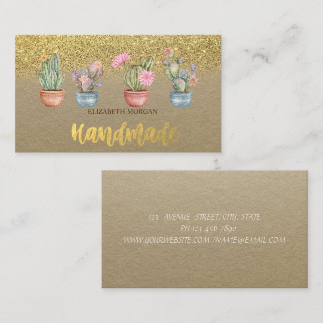 Vattenfärg Kaktus Guld Glitter Kraft Visitkort (Fram/baksida)