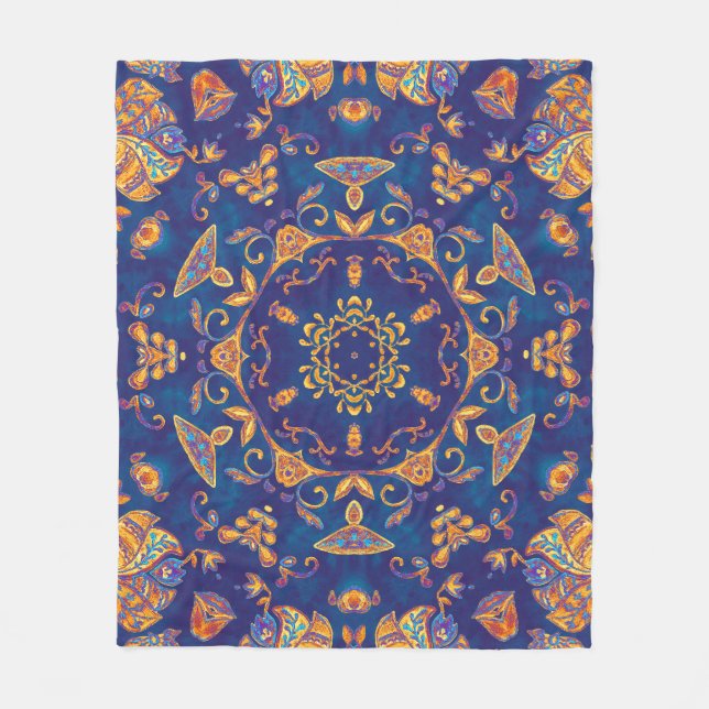 Vattenfärg Kaleidoscope Mandala Oriental Design. Fleecefilt (Framsidan)