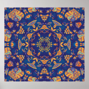 Vattenfärg Kaleidoscope Mandala Oriental Design. Poster