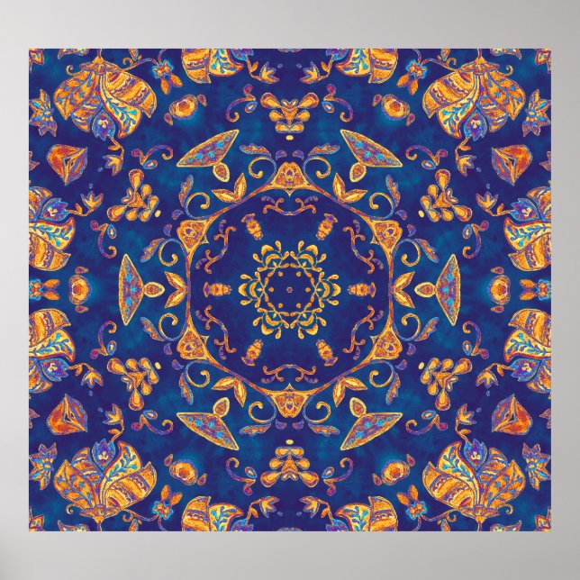 Vattenfärg Kaleidoscope Mandala Oriental Design. Poster (Framsidan)
