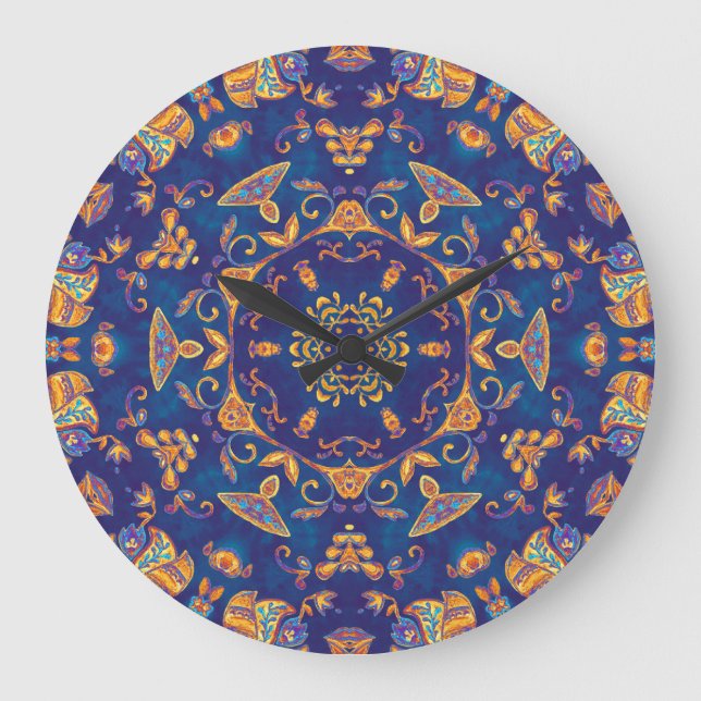Vattenfärg Kaleidoscope Mandala Oriental Design. Stor Klocka (Framsida)