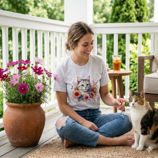 Vattenfärg Kalik katt & Cosmo blommor | Trädgårdsg T Shirt (Skapare uppladdad)