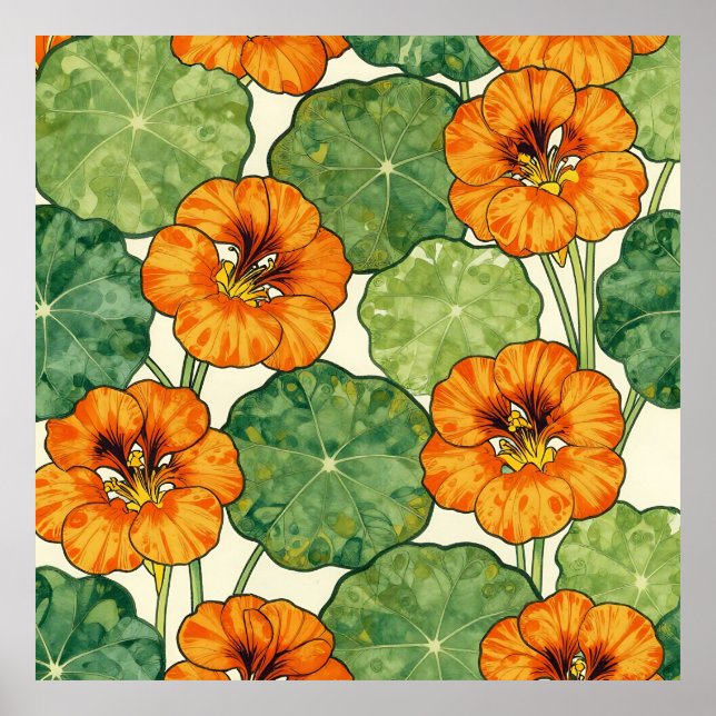 Vattenfärg Kapucinblomma Blommönster Poster (Framsidan)