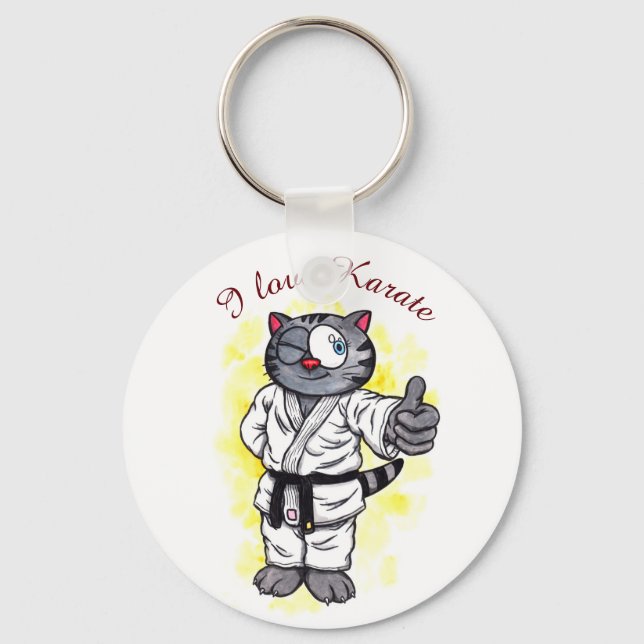 Vattenfärg Karate Kitten stod och log Nyckelring (Framsida)