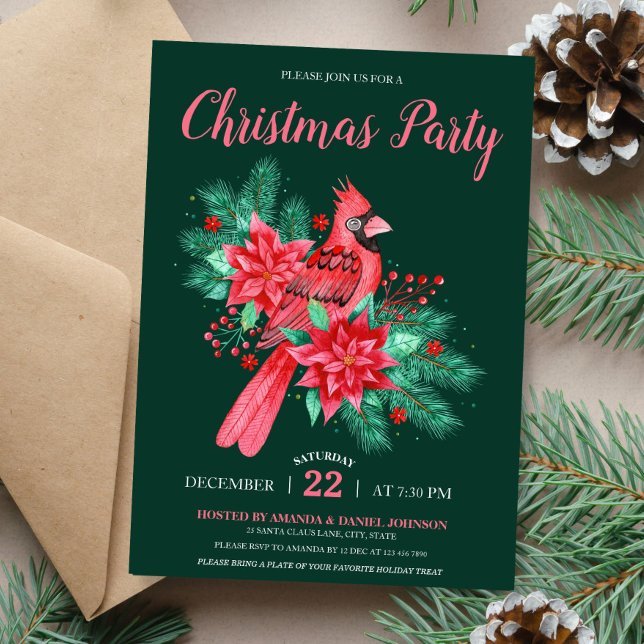 Vattenfärg Kardinal Bird Blommigt jul Party Inbjudningar (Watercolor Cardinal Bird Floral Christmas Party Invitation)