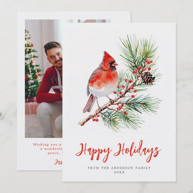 Vattenfärg Kardinal Jul Familjefoto Julkort (Fram/baksida)