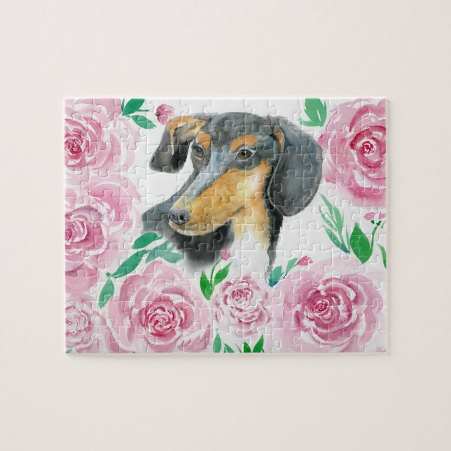 Vattenfärg Kärlek i en Dachshund med Rosa ros Pussel (Horisontell)