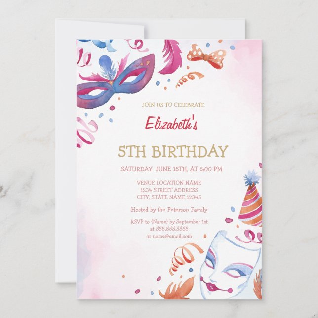 Vattenfärg Karnevalsmask Födelsedag  Inbjudningar (Framsida)