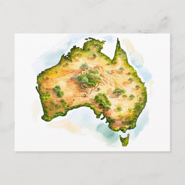 Vattenfärg Karta i Australien Vykort (Framsida)