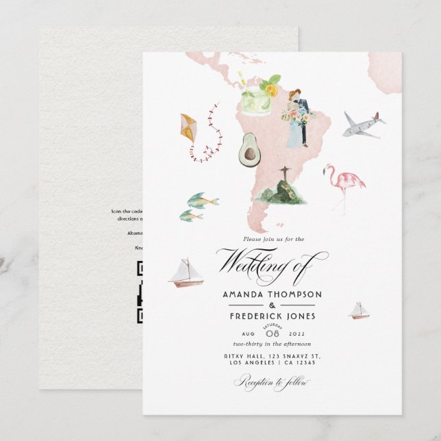 Vattenfärg Karta i Rio Destination QR Code Bröllop Inbjudningar (Fram/baksida)