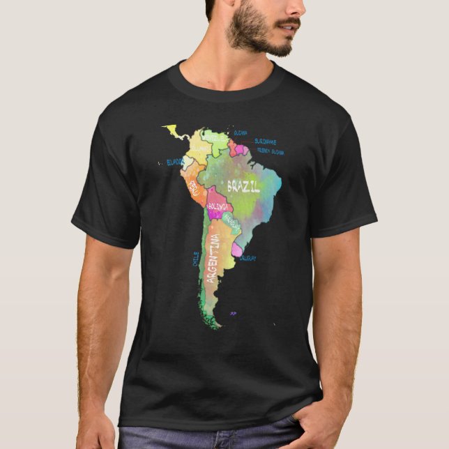 Vattenfärg Karta i Sydamerika Brasilien Argentina T Shirt (Framsida)
