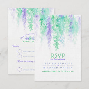 Vattenfärg kaskad grön lila bröllop RSVP Inbjudningar