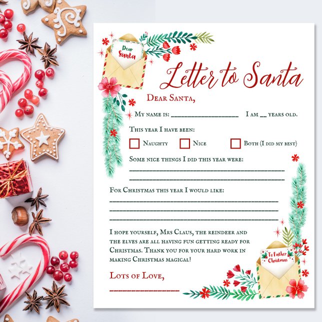 Vattenfärg Kids Brev till Santa Papprare Lakan (Watercolor Kids Letter to Santa Paper Sheet)