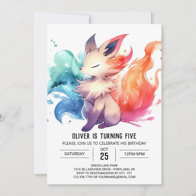 Vattenfärg Kids Fox Birthday Inbjudningar (Framsida)