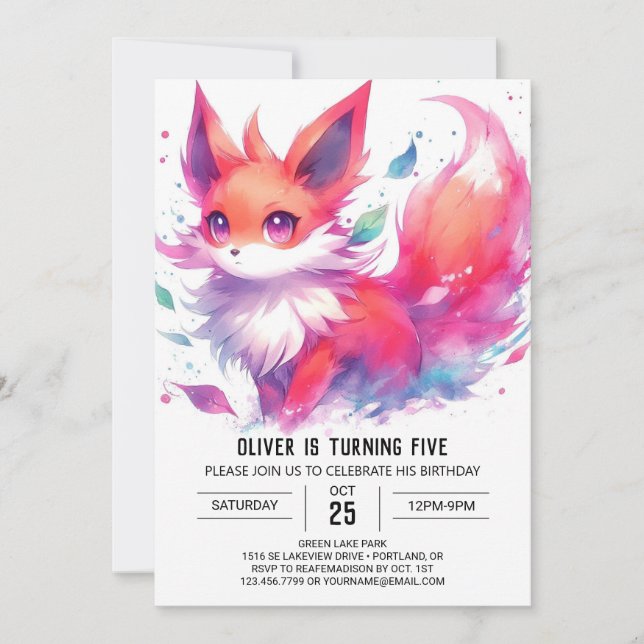 Vattenfärg Kids Fox Birthday Inbjudningar (Framsida)