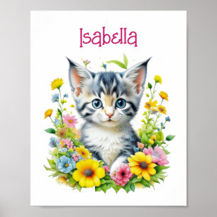 Vattenfärg Kitten Blommor Personlig Poster