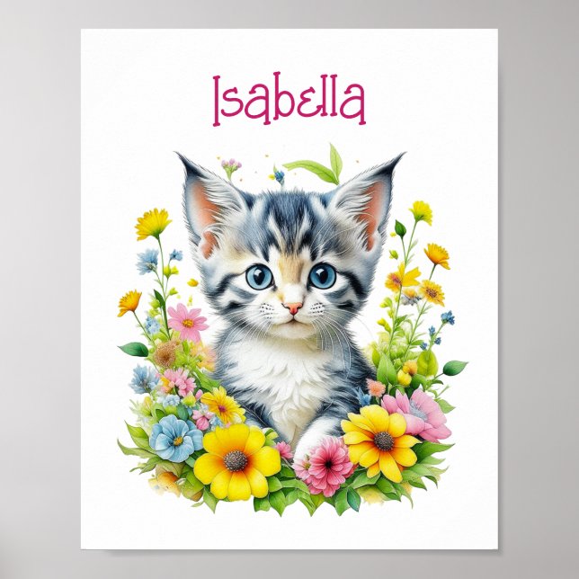 Vattenfärg Kitten Blommor Personlig Poster (Framsidan)