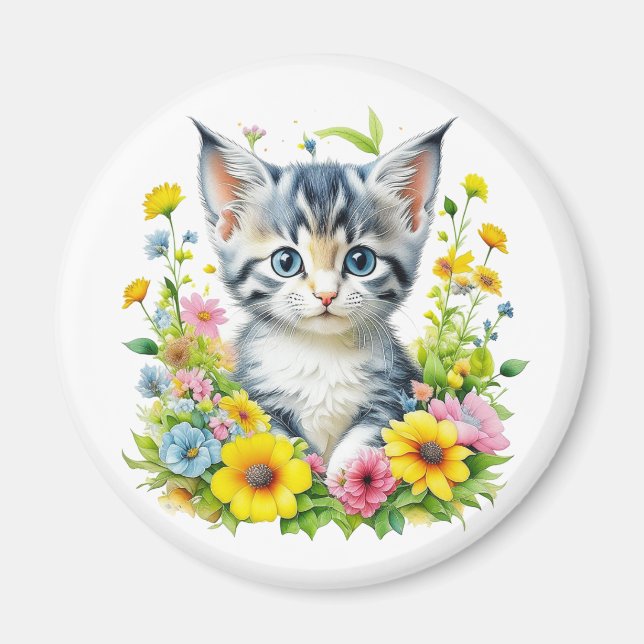 Vattenfärg Kitten Flowers jul Magnet (Framsidan)