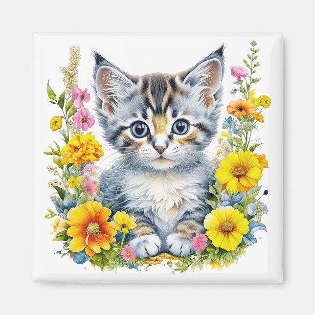 Vattenfärg Kitten Flowers Magnet (Framsidan)