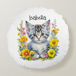 Vattenfärg Kitten i Flowers-Personligen Rund Kudde