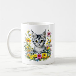 Vattenfärg Kitten i Gula blommor Personlig Kaffemugg