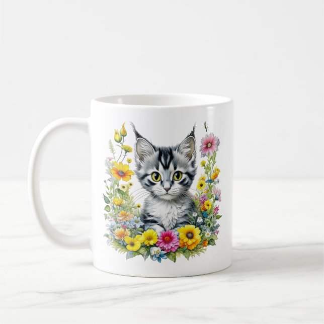 Vattenfärg Kitten i Gula blommor Personlig Kaffemugg (Vänster)