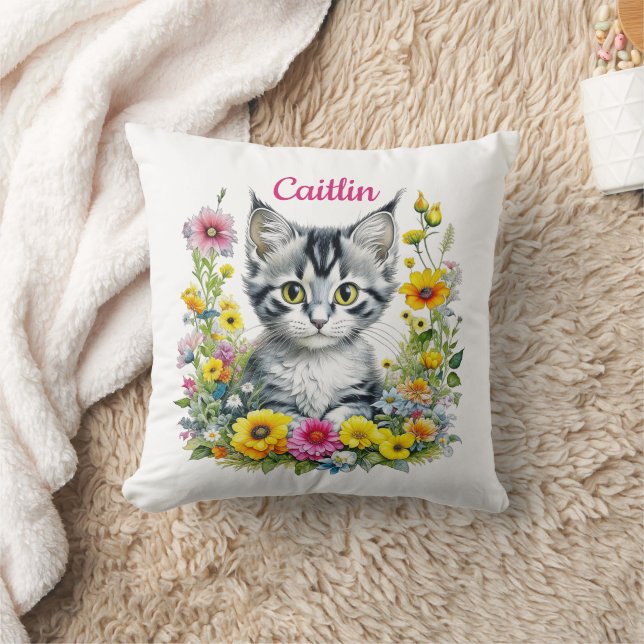 Vattenfärg Kitten i Gula blommor Personlig Kudde (Filt)