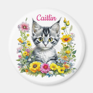Vattenfärg Kitten i Gula blommor Personlig Magnet