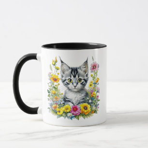 Vattenfärg Kitten i Gula blommor Personlig Mugg