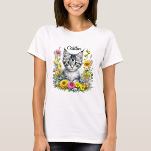 Vattenfärg Kitten i Gula blommor Personlig T Shirt