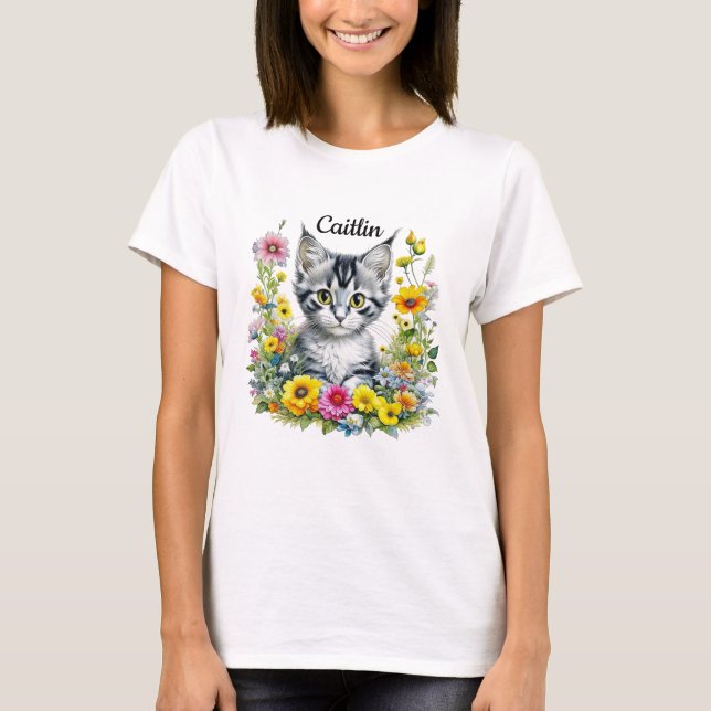 Vattenfärg Kitten i Gula blommor Personlig T Shirt (Framsida)