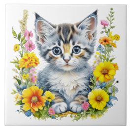 Vattenfärg Kitten i Gult och Rosa Flowers Kakelplatta