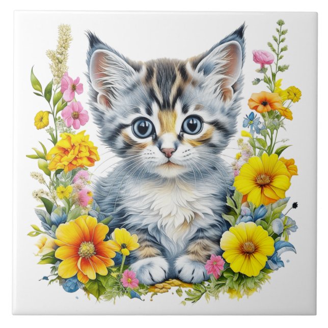 Vattenfärg Kitten i Gult och Rosa Flowers Kakelplatta (Framsidan)