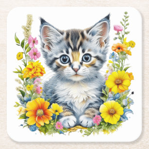 Vattenfärg Kitten i Gult och Rosa Flowers Underlägg Papper Kvadrat