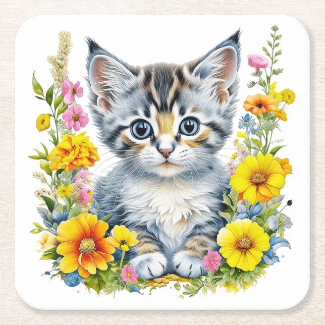 Vattenfärg Kitten i Gult och Rosa Flowers Underlägg Papper Kvadrat (Framsidan)