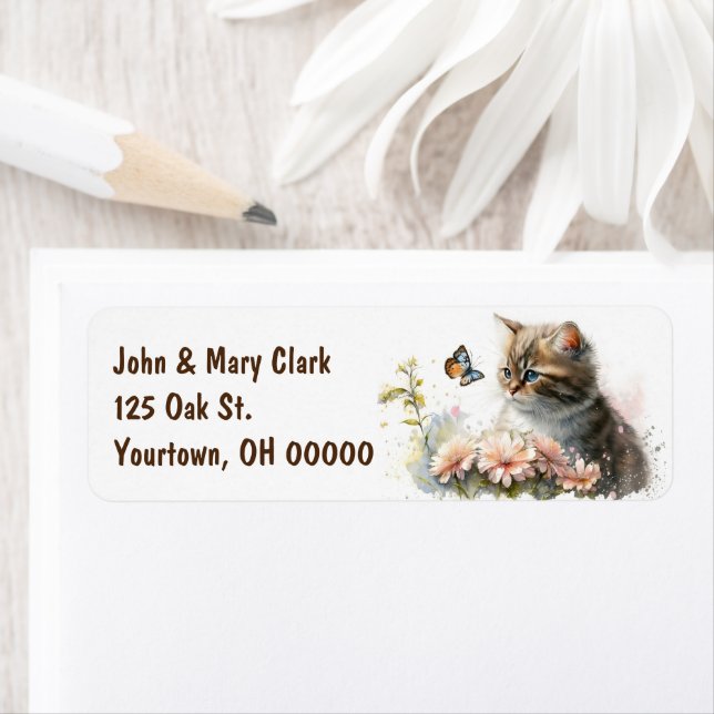 Vattenfärg Kitten med fjäril Returadress Etikett (Insitu)