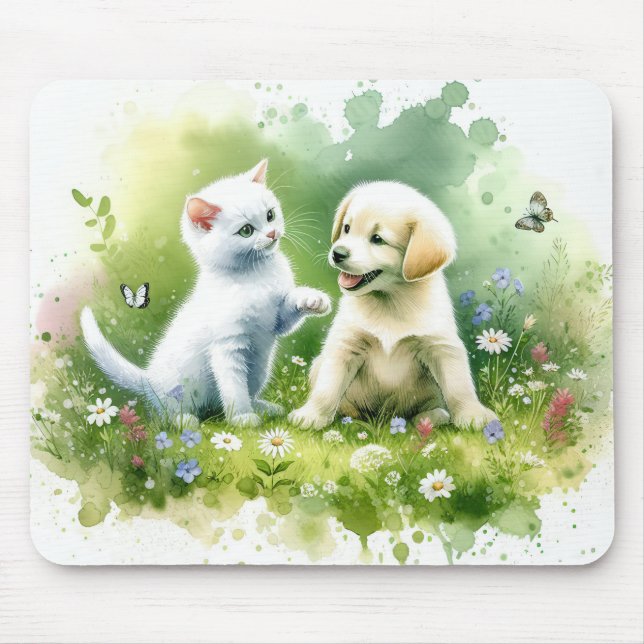 Vattenfärg Kitten och Puppy Musmatta (Framsidan)