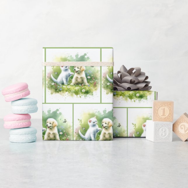 Vattenfärg Kitten och Puppy Presentpapper (Baby Shower)