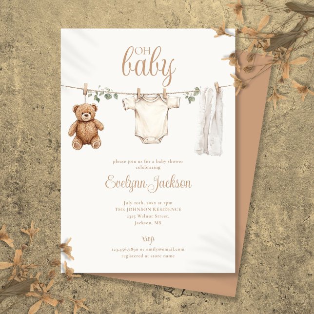 Vattenfärg Klädtorrline Neutral Babyfest Inbjudningar (Watercolor Clothesline Neutral Baby Shower Invitation)