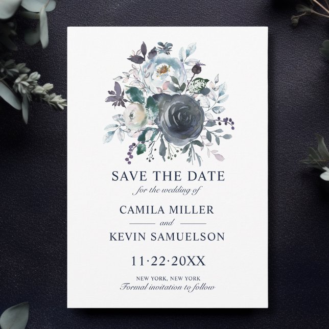 Vattenfärg Klassisk blå marin Blommigt Bröllop Spara Datumet (Watercolor Classic Blue Navy Floral Wedding Save The Date)