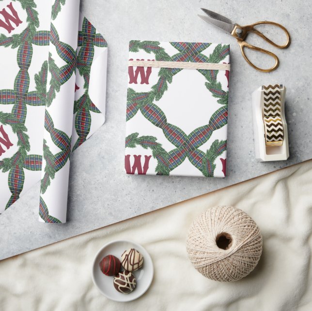 Vattenfärg Klassisk julrutig krans monogram Presentpapper (Hantverk)