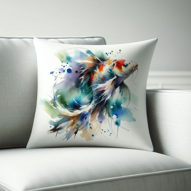 Vattenfärg Koi Fiske Pillows Kudde (Koi fish throw pillow watercolor drawing. )
