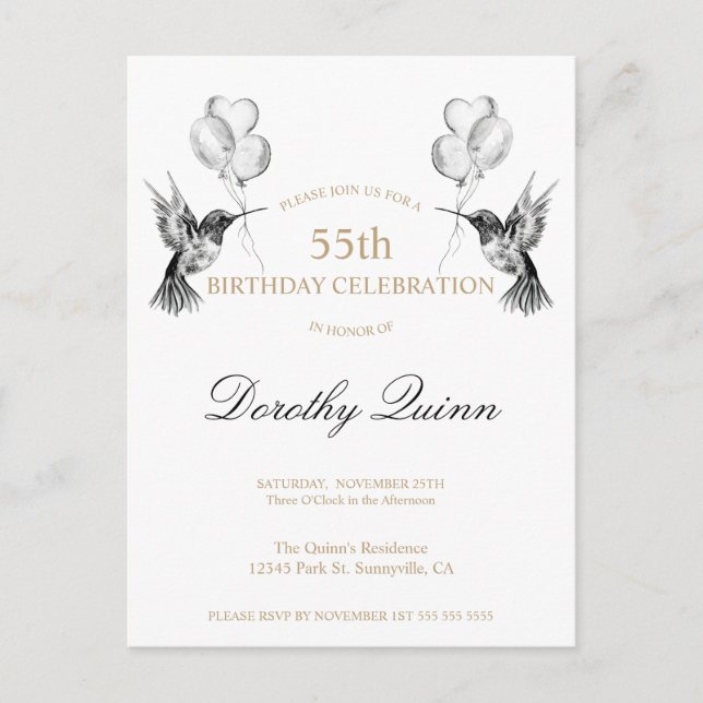 Vattenfärg Kolibri Ballong Födelsedagsinbjudan Vykort (Framsida)