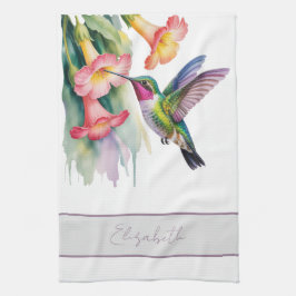 Vattenfärg Kolibri med Blommor Kökshandduk
